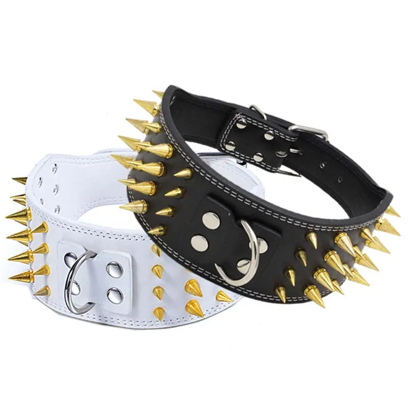 3in Wide Sharp Spiked Golden Studded Dog Collars For Medium Large Dogs French Bulldog Pug Mastiff Staffy Leather Pet Collar 20E