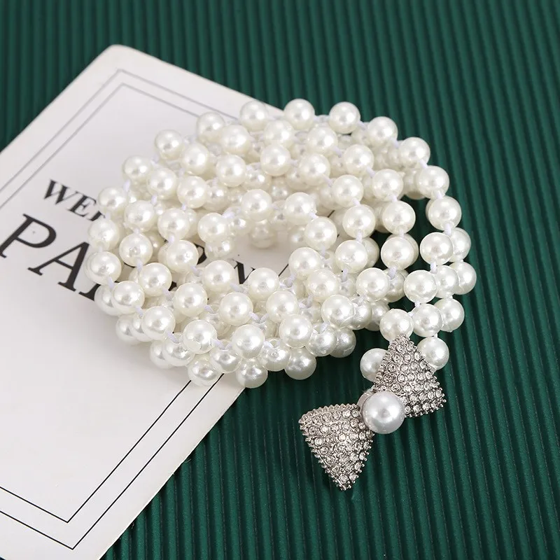 

1PC Elegant Women Pearl Belt Waist Belt Elastic Buckle Pearl Chain Belt Female Girls Dress Crystal Strap BG2141