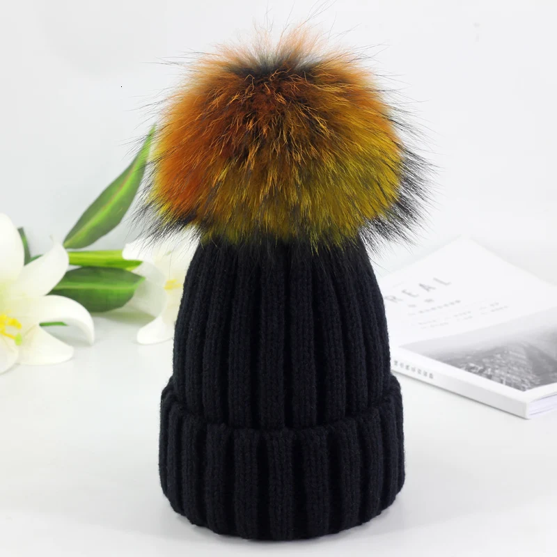 colorful hair ball Winter Brand Female Fur Pom Poms hat Winter Hat For Women Girl 's Hat Knitted Beanies Cap Hat Thick Women Skullies Beanies - Цвет: colorful hair ball