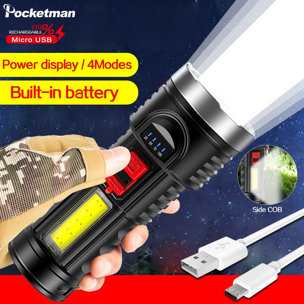 

8000LM Powerful Bright USB Rechargeable Portable LED Flashlight with Built-in 18650 Battery Tactical 5 Modes Waterproof Torch