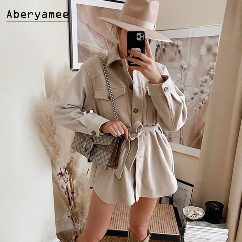 Aberyamee Woman Overshirt Belted Jacket Khaki Solid Turndown Button Up Ladies Outwear Warm Oversized Clothes Female Fashion 2020 | Женская
