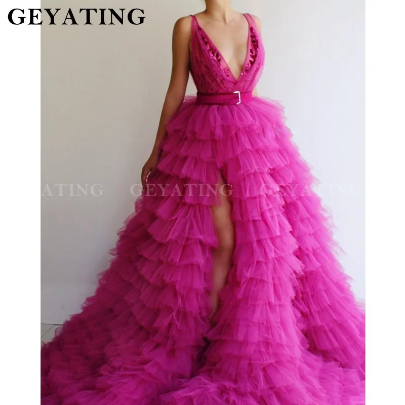 Ярко-розовые многоярусные платья для выпускного вечера с разрезом по бокам глубокий v-образный вырез вышивка Пышное Бальное Платье вечернее платье с оборками длинное официальное вечернее платье