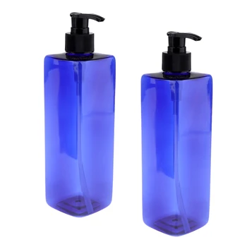 

2Pcs Empty Translucent Blue Square Plastic Shampoo Conditioner Refillable Pump Bottles Containers 500ml
