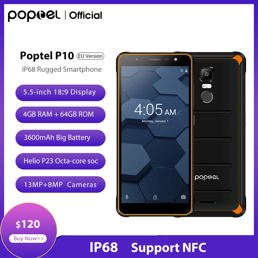 EU Version Poptel P10 Rugged Smartphone 5.5 Inch Octa Core low Price 4GB+64GB NFC Unlocked Phone Quality/price ratio DealPrice