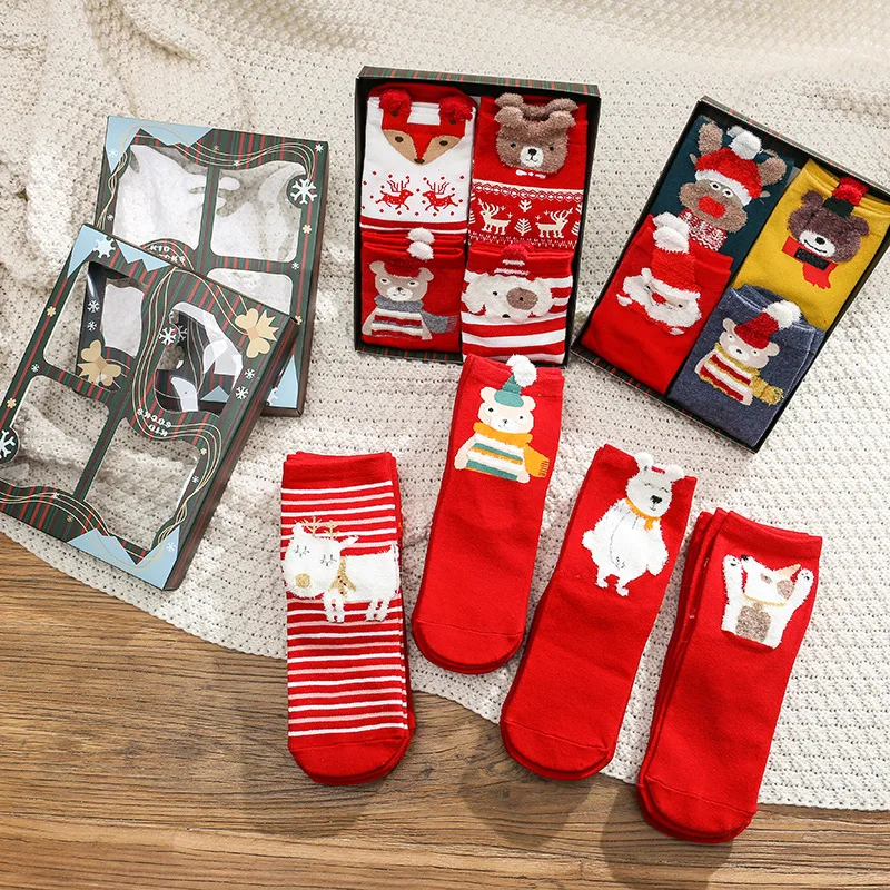 4 пары/коркорд. Рождественские носки в подарочной коробке Хлопковые женские