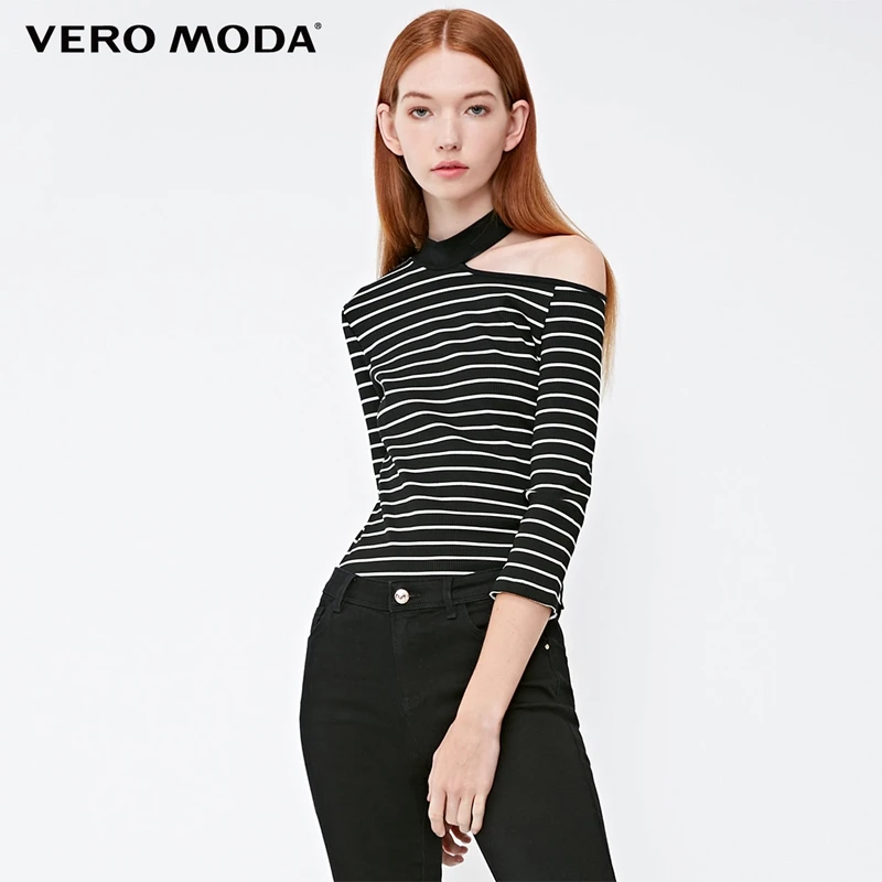 

Vero Moda 2019 New Arrivals Women's Round Neck Off Shoulder Cut-outs Strip Tops | 318330504