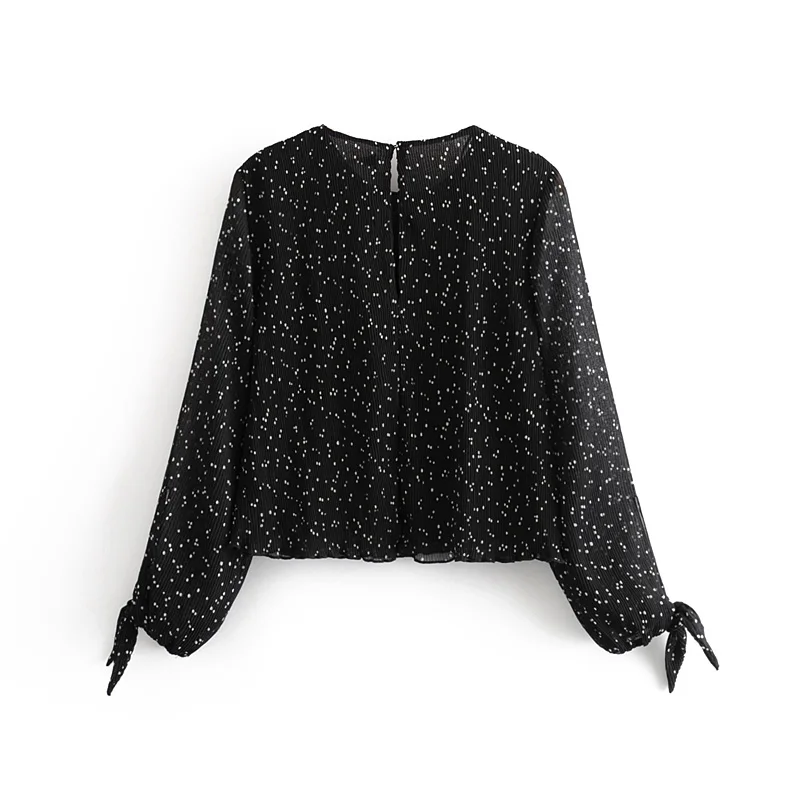 Star firefly autumn new fashion Za blouse women casual sweet lantern sleeve bow round neck wave chiffon shirt female