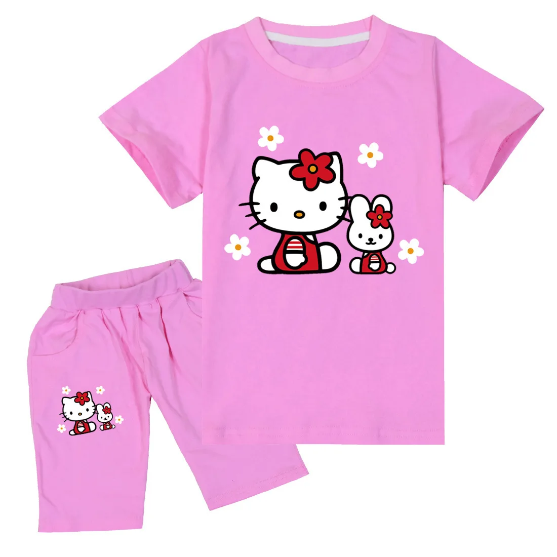 thumbnail image 1 of Traje de Hello Kitty para niños, Top con estampado de dibujos animados bonitos para niñas + Pantalones cortos, conjunto de dos piezas, camiseta de manga corta para niños + Pantalones deportivos para n, 1 of 4