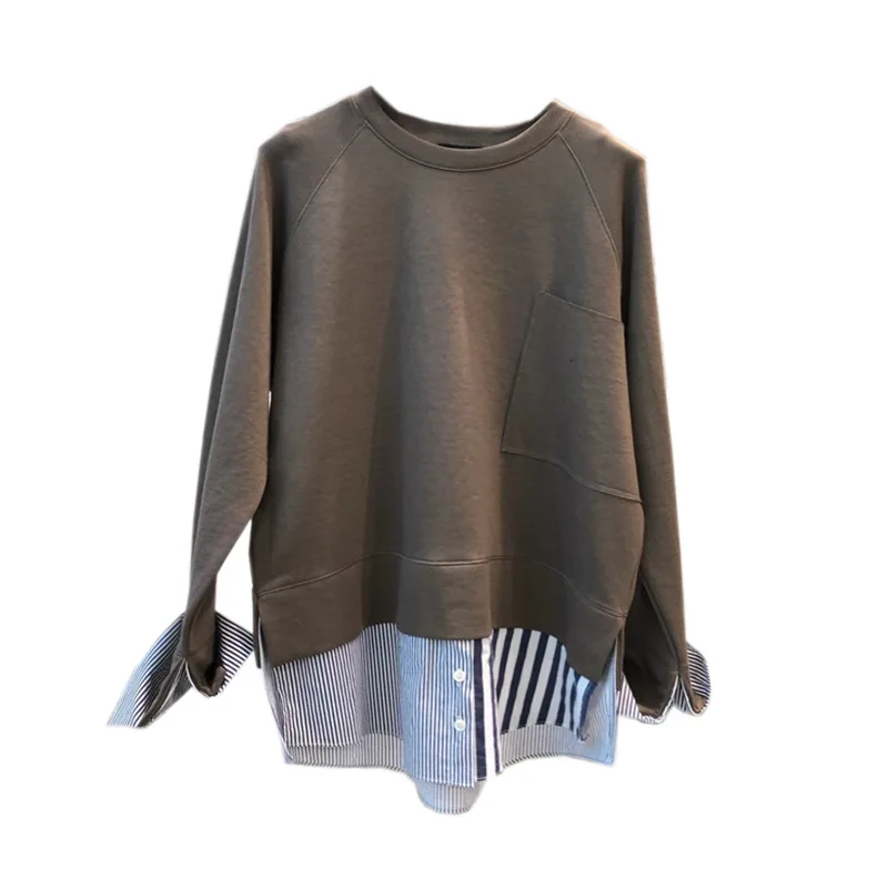 South Korea Autumn New Style WOMEN'S Dress Korean-style Mock Two-Piece Hoodie Long Sleeve Loose-Fit Stripes Hoodie with Sle
