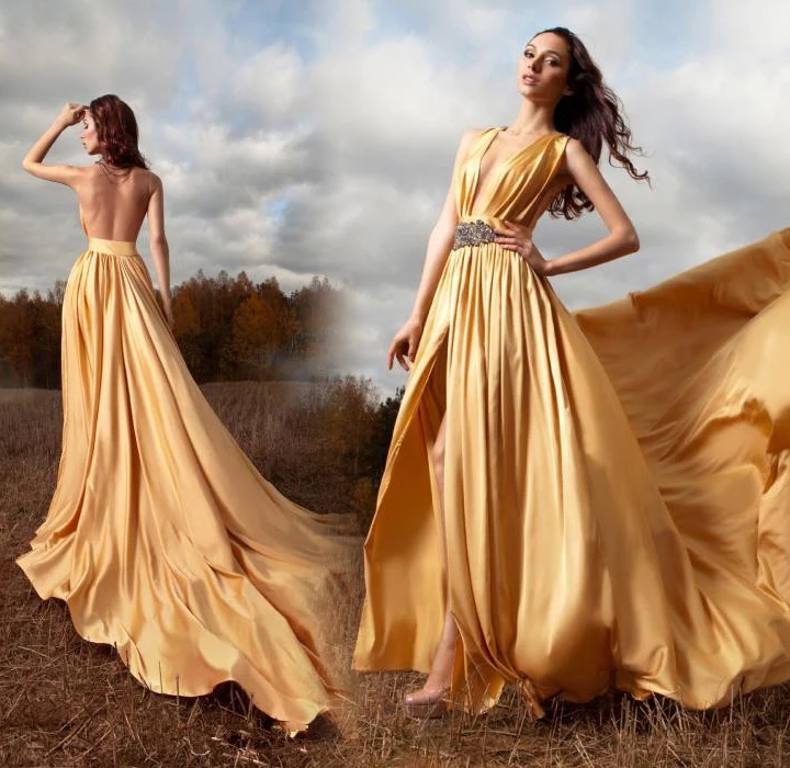 Sexy Evening Dresses Plunging Gold Satin V Neck See-through Back A-line Side Split Chapel Train Formal Gowns Party Dress 2019 | Свадьбы и