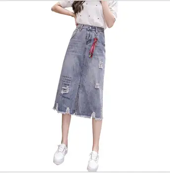 

A-Line Ripped Denim Shkirts Female Plus Size Denim Skirt High Waist Split Spring Autumn Letter Printing Jeans Skirts Saisa D306