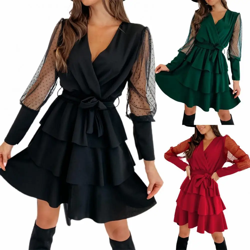 Women Dress Ruffles Cake Hem Sexy Solid Color See Through Dress for Wedding