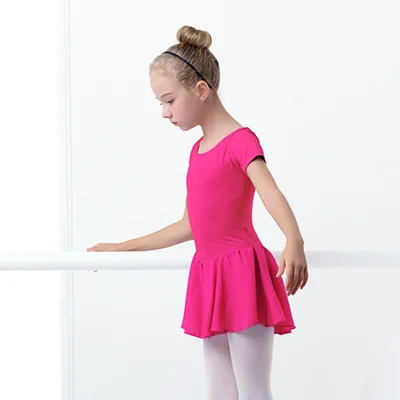 Hot Pink ShortSleeve Балетное платье для девочек гимнастическое трико с коротким рукавом балетная Одежда для танцев с шифоновыми юбками - Цвет: Hot Pink ShortSleeve