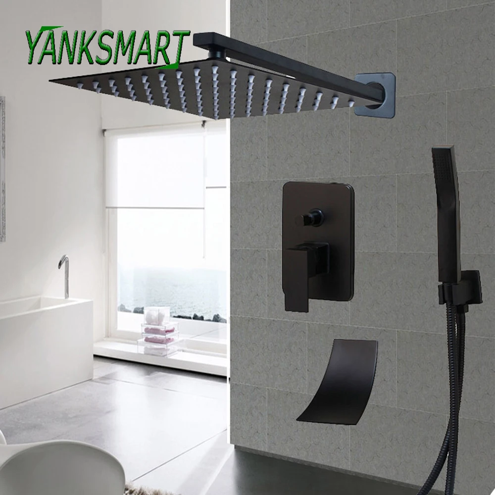 

YANKSMART Black Wall Mounted Bathroom Shower Set Three Out Water Mixer Cold & Hot Faucet Square Shower Rainfall Shower Tap