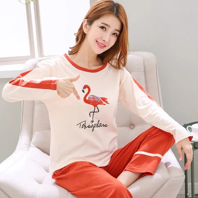 long sleeves suit Пара пижамный комплект; сезон весна-осень; хлопок мультфильм Для женщин пижамы размера плюс M-3XL пижама с длинными рукавами Для мужчин Lounge, пижама, нарядное платье - Цвет: long sleeves suit
