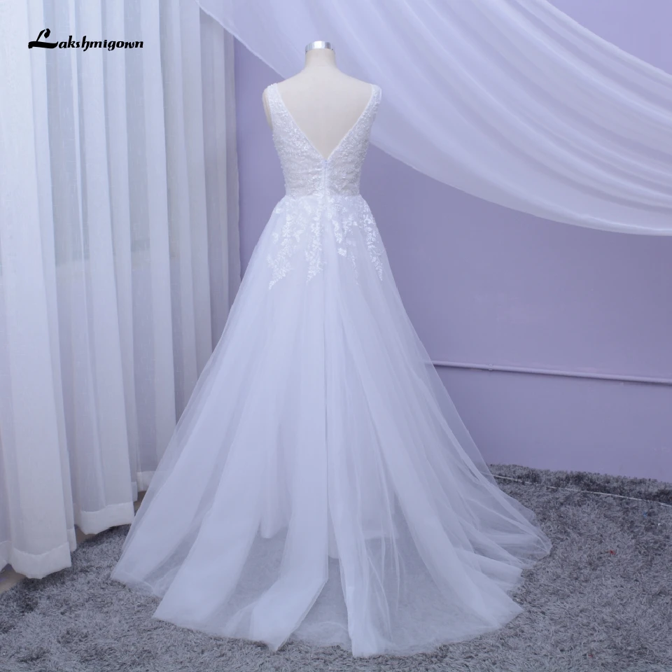 Lakshmigown ТРАПЕЦИЕВИДНОЕ Тюлевое свадебное платье Hochzeit без рукавов с двойным v-образным вырезом, кружевное жемчужное Элегантное свадебное платье в стиле бохо