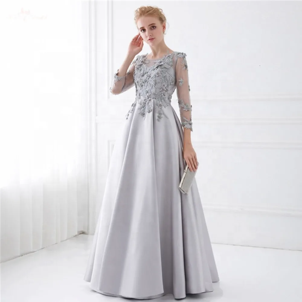 

Silver Muslim Evening Dresses Lace Appliques Long Sleeves vestidos de festa Dubai Saudi Arabic Evening Gown Prom Dress