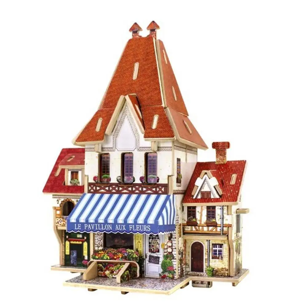 French flower shop Kuulee 3D деревянная головоломка DIY Модель Детская игрушка Франция стиль кофе Дом головоломка строительные подарки - Цвет: French flower shop