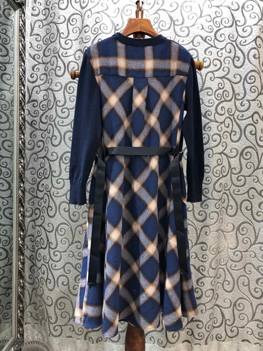 new winter women's side buckle knit stitching plaid dress 1026