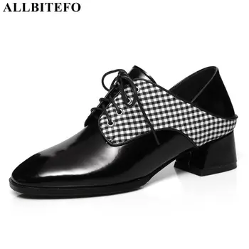 

ALLBITEFO natural genuine leather high heel shoes fashion casual square toe cow leather women heels kitten heels for woman
