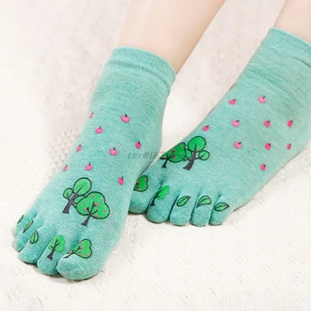 

5 Pairs Womens Spring Cotton Five Finger Toe Socks Sweet Macaron Candy Color Cartoon Dog Tree Printed Hosiery Gifts