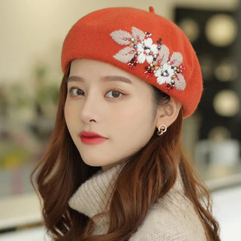 Women\'s French Style Flower Knitted Embroidery Beret Hats  2 Flowers Red Amazon.com: Flower Embroidery Beret Hat for Women, French  main image 3