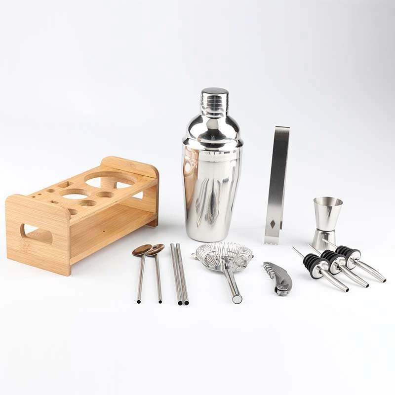 750Ml Stainless Bar Cocktail Shaker Set Barware Set Shaker Set with Bamboo Stand Bar Tool Set Bartender Kit Shakers
