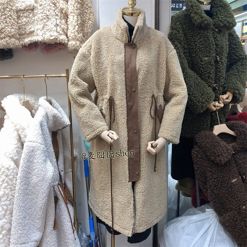 Осень-зима Высокий воротник свободные длинные Lambhair пальто со шнуровкой сапоги с мехом; большие размеры-вещи в комплекте для женщин размера плюс Для женщин зимнее пальто