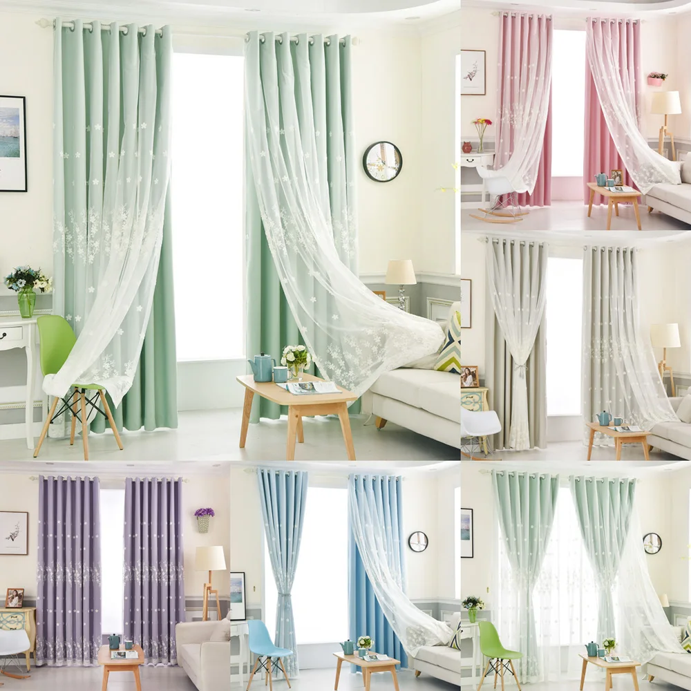 Korean Double Blackout Curtains with Embroidered Sheer 1 Piece Living Room Bedroom Window ...