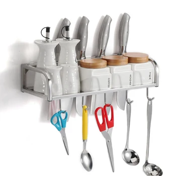 

1 Set Stainless Steel Kitchen Storage Rack with 5 Hooks Wall-mounted Knife Holder Spices Seasoning Shelf Cookware Organizer