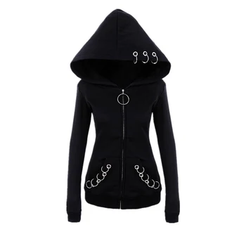 

Gothic Women Hoodie Spring Winter Hooded Zipper Slim Black Coat Autumn Fashion Lady Casual Black Top Sweatershirt 2020
