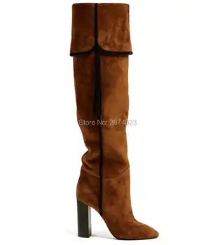 

Qianruiti Genuine Leather Thigh High Boots Women Brown Fold Tassel Long Boots Fashion Runway Boots Women