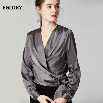 

Beading Tassel Blouse Shirts 2019 Autumn Fashion Silk Blouses Women V-Neck Bow Belt Patchwork Long Sleeve Grey Apricot Shirts XL