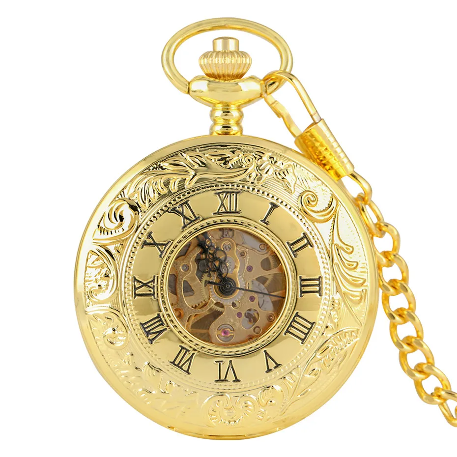 Роскошные золотые антикварные Механическая Скелет карманные часы двойной открытый сбоку римскими цифрами кулон с FOB цепи Reloj De Bolsillo