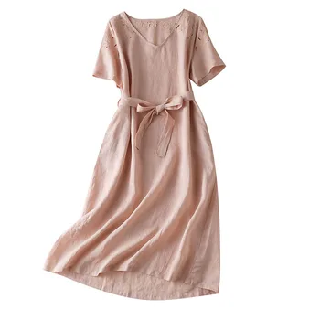 

Elegant women dress cotton linen mid calf embroidery dress Summer casual lady Boho Summer Beach women Maxi dress Short Sleeve
