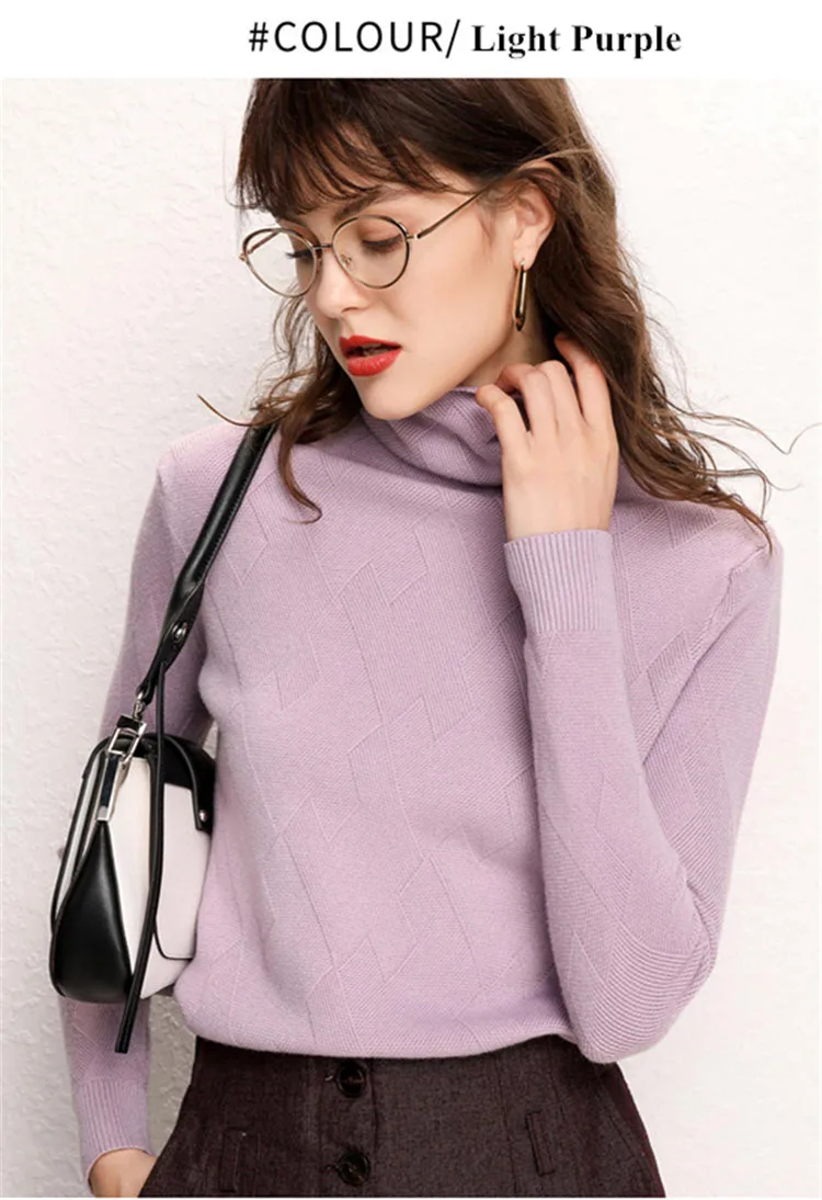 Light Purple Женский свитер с ромбовидным рисунком GCAROL, толстый стрейчевый джемпер большого размера с хомутом, вязаный пуловер для офиса с высоким воротником - Цвет: Light Purple