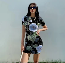 

Summer ladies 3D printed polyester fiber large size short-sleeved art flower pattern dress elegant and soft close-fitting