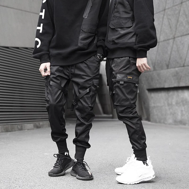 Мужские цветные черные брюки карго с лентами шаровары для бега Харадзюку