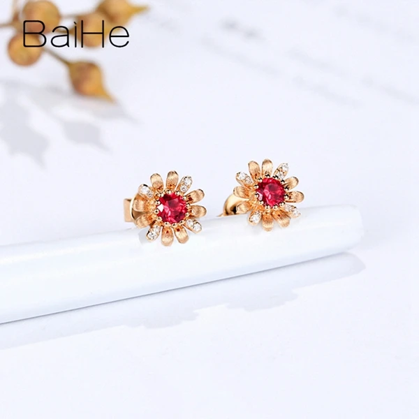 BAIHE Solid 14K розовое золото 0.22ct натуральный рубин 0.02ct натуральные бриллианты модные ювелирные украшения свадебные женские серьги-гвоздики в виде цветка