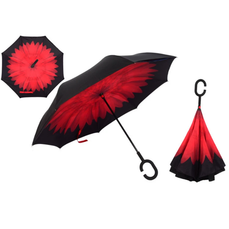 Red Daisy Ветрозащитный обратный складной двухслойный перевернутый Chuva зонтик самостоящий наизнанку защита от дождя c-крюк руки для автомобиля - Цвет: Red Daisy