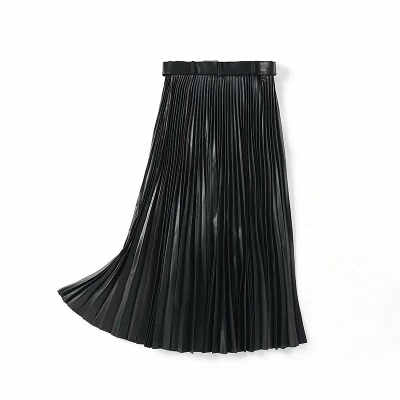 2020 New Fashion Womens Pleated Skirt High Waist Loose Faux Leather Skirts Black Casual Belt Zipper Streetwear Autumn Skirt