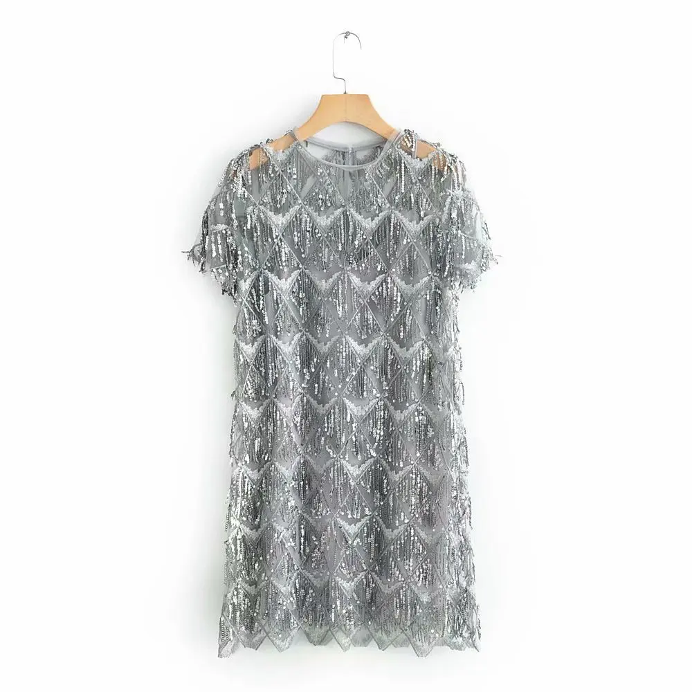 

2019 Spring Europe And America WOMEN'S Dress New Style Tassels Sequin Short-sleeve Dress 9018
