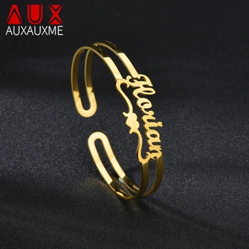 

Auxauxme Personlized Double Layer Heart Name Bangles Stainless Steel Women Adjustable Cuff Bangles for Birthday Gifts