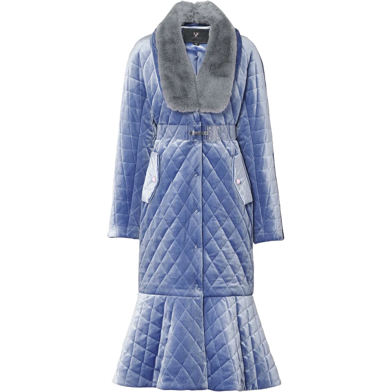 Синее бархатное хлопковое стеганое длинное пальто для женщин, роскошное высококачественное пальто с меховым воротником, тонкие зимние теплые парки