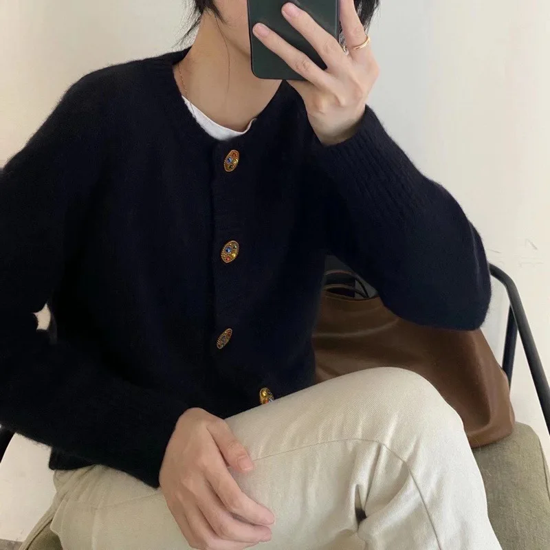 봄과 가을 패션 새로운 긴 소매 라운드 넥 솔리드 컬러 스웨터 여성 서양식 느슨한 니트 카디건 자켓