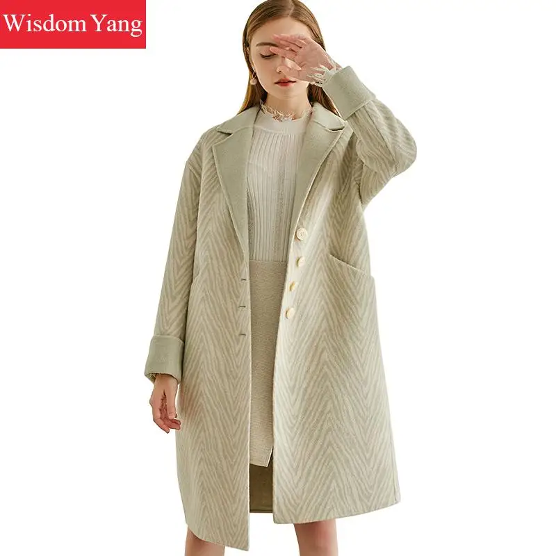 Зимнее длинное пальто для женщин, теплый шерстяной Тренч в зеленую полоску, элегантное шерстяное осеннее пальто, шерстяная верхняя одежда
