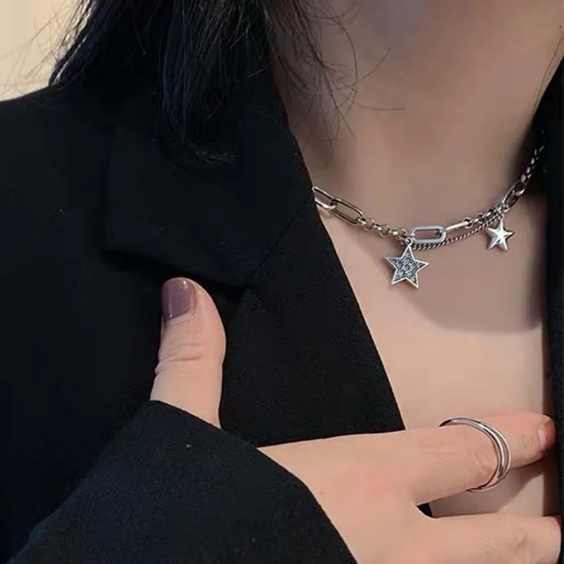XIYANIKE 925 Sterling Silver Punk Sweater Chain Necklace for Women Vintage Trendy Stars Thai Silver Jewelry Party Accessories