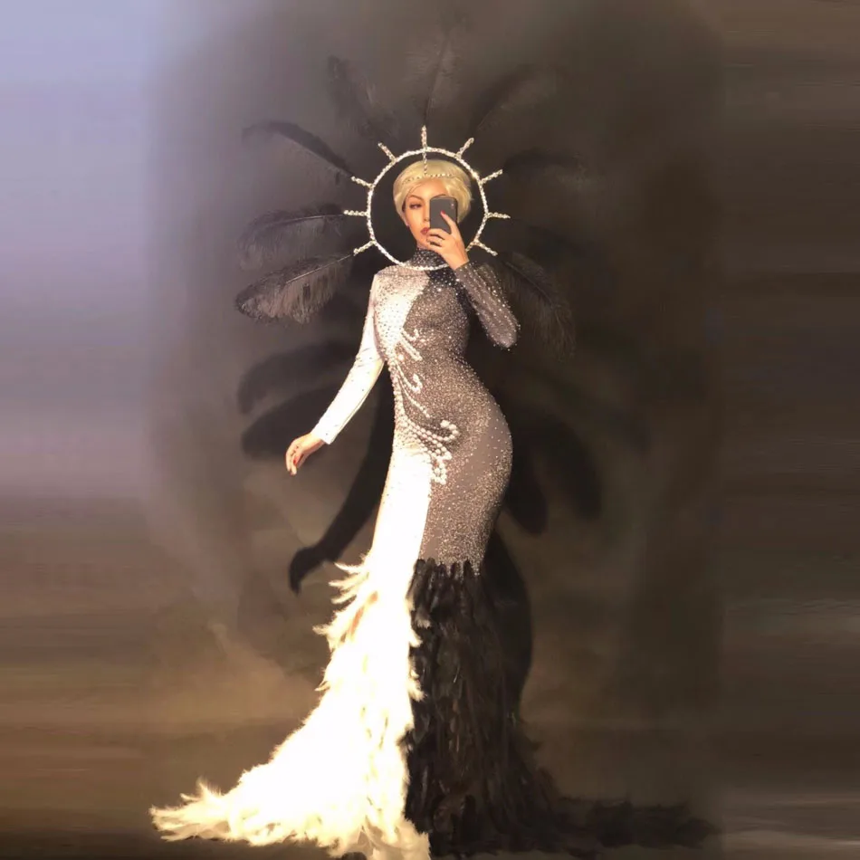 

Sexy Women Body con Rhinestone Feathers See Through Halloween Club wear Evening Party Birthday Show Dance Costumes Dress