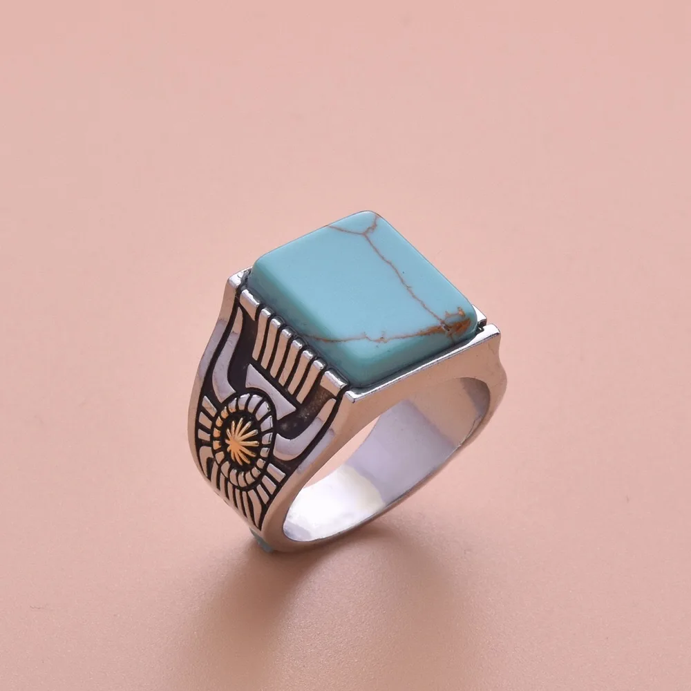 Boho этнический геометрический квадратный бирюзовый камень кольца Винтаж античное серебро ручной работы резные цветочные кольца индийские ювелирные изделия