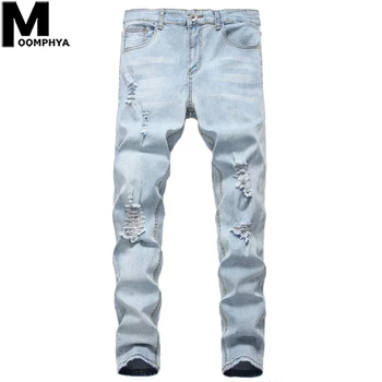 

Moomphya 2019 New Distressed Holes Denim Ripped Jeans For Men Streetwear Hip Hop Skinny Jeans Men Stylish Blue Men Jeans Pants